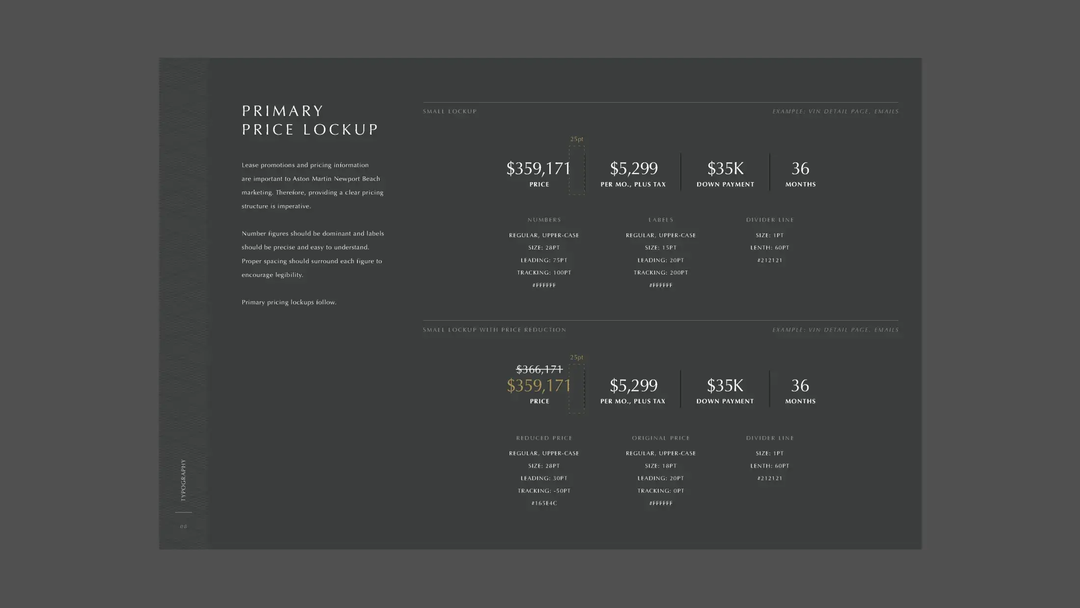 Style guide page on typography, primary price lockup