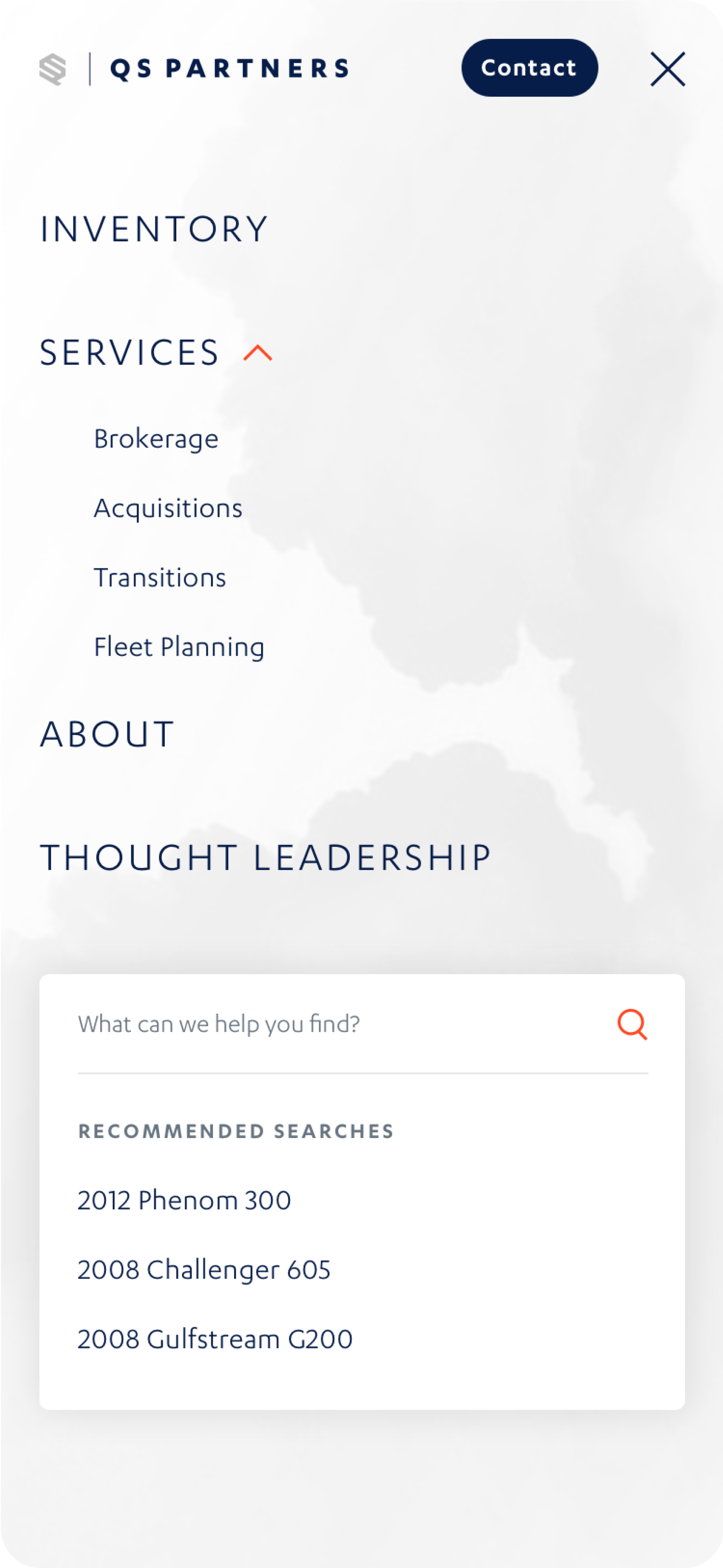 site navigation featuring Inventory, Services, About and Thought Leadership