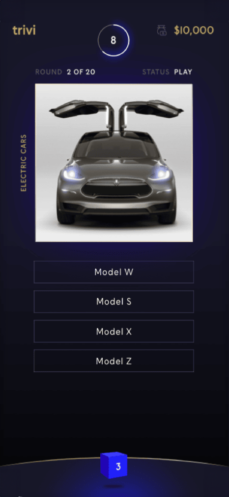 mobile view of Trivi, showing a trivia question on electric cars