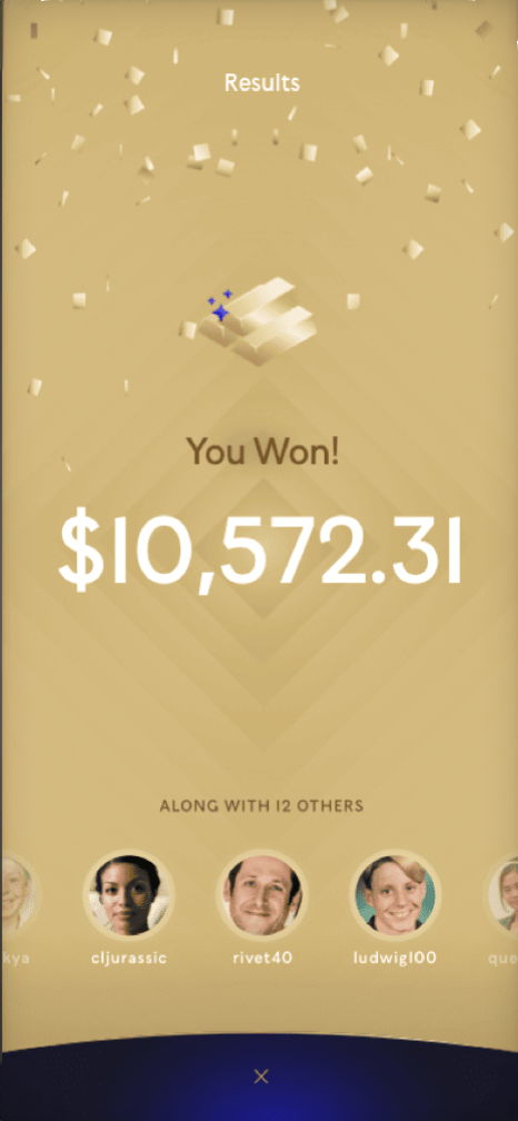 mobile view of Trivi, showing "You won! $10,572.31" with portraits of other players below