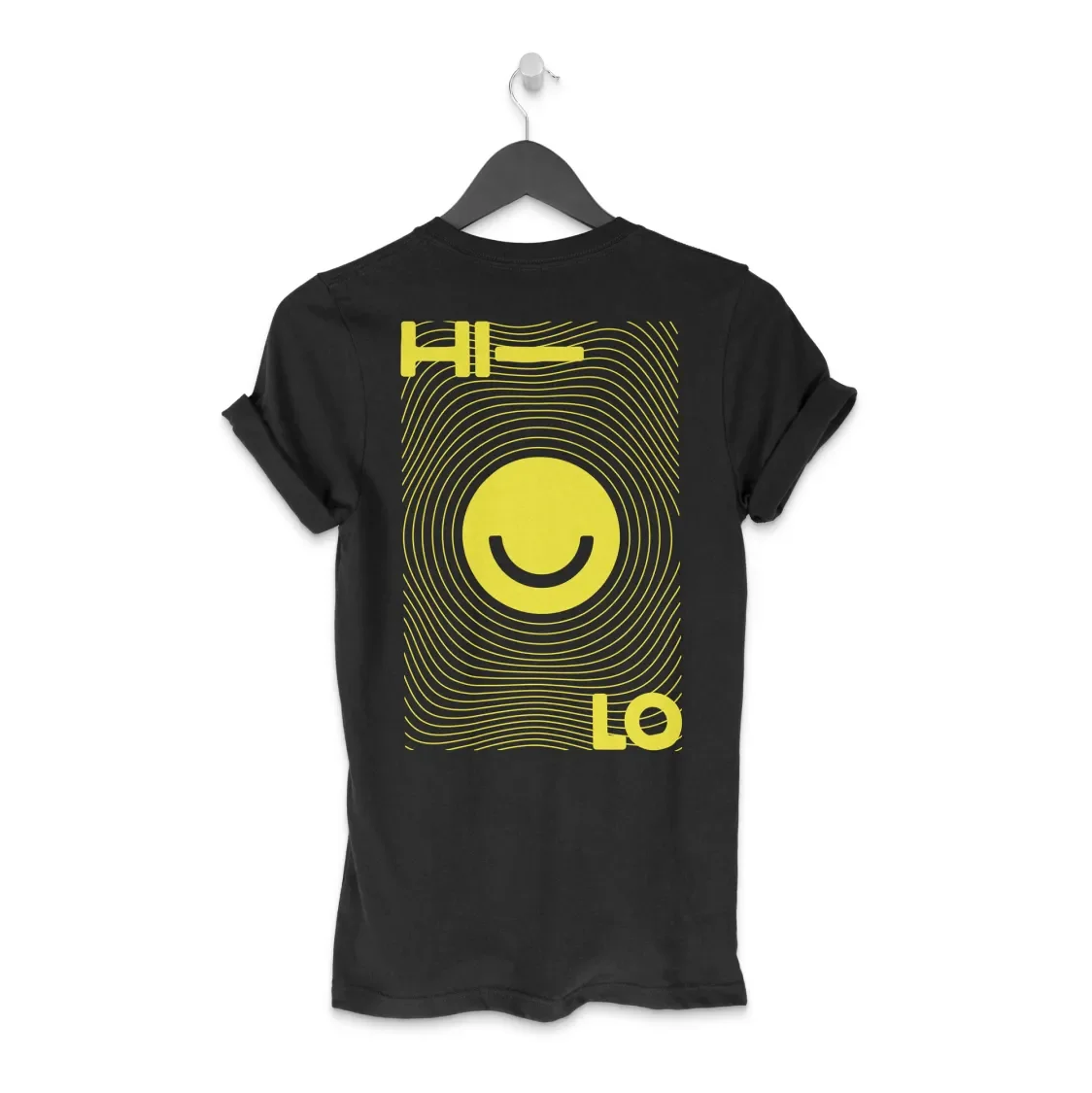 Back of a Hi-Lo tee featuring the smiley logo with a rippling pattern emanating from it