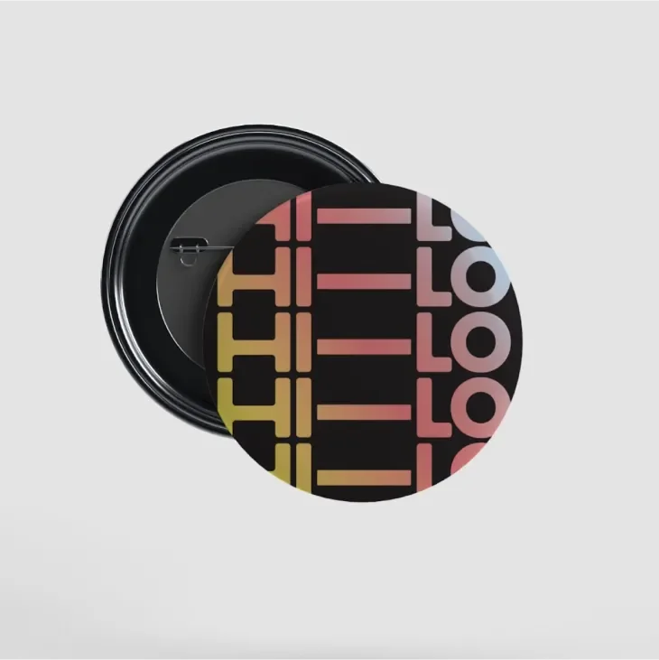 Front and back of button showing "Hi-Lo" repeated in a gradient of brand colors