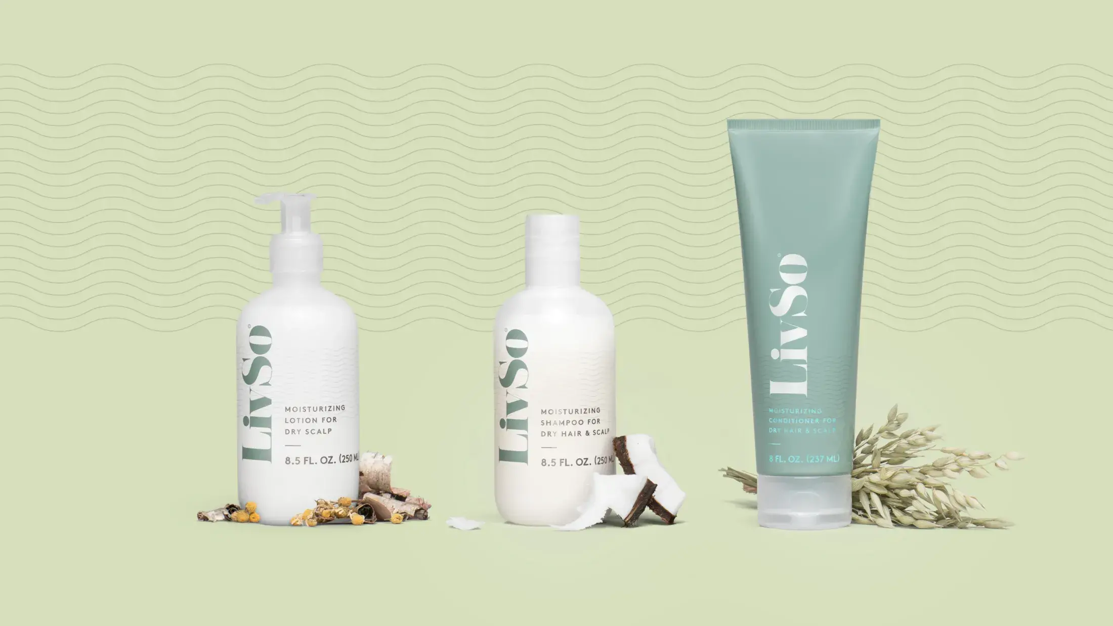 Three LivSo bottles with the natural ingredients included by each