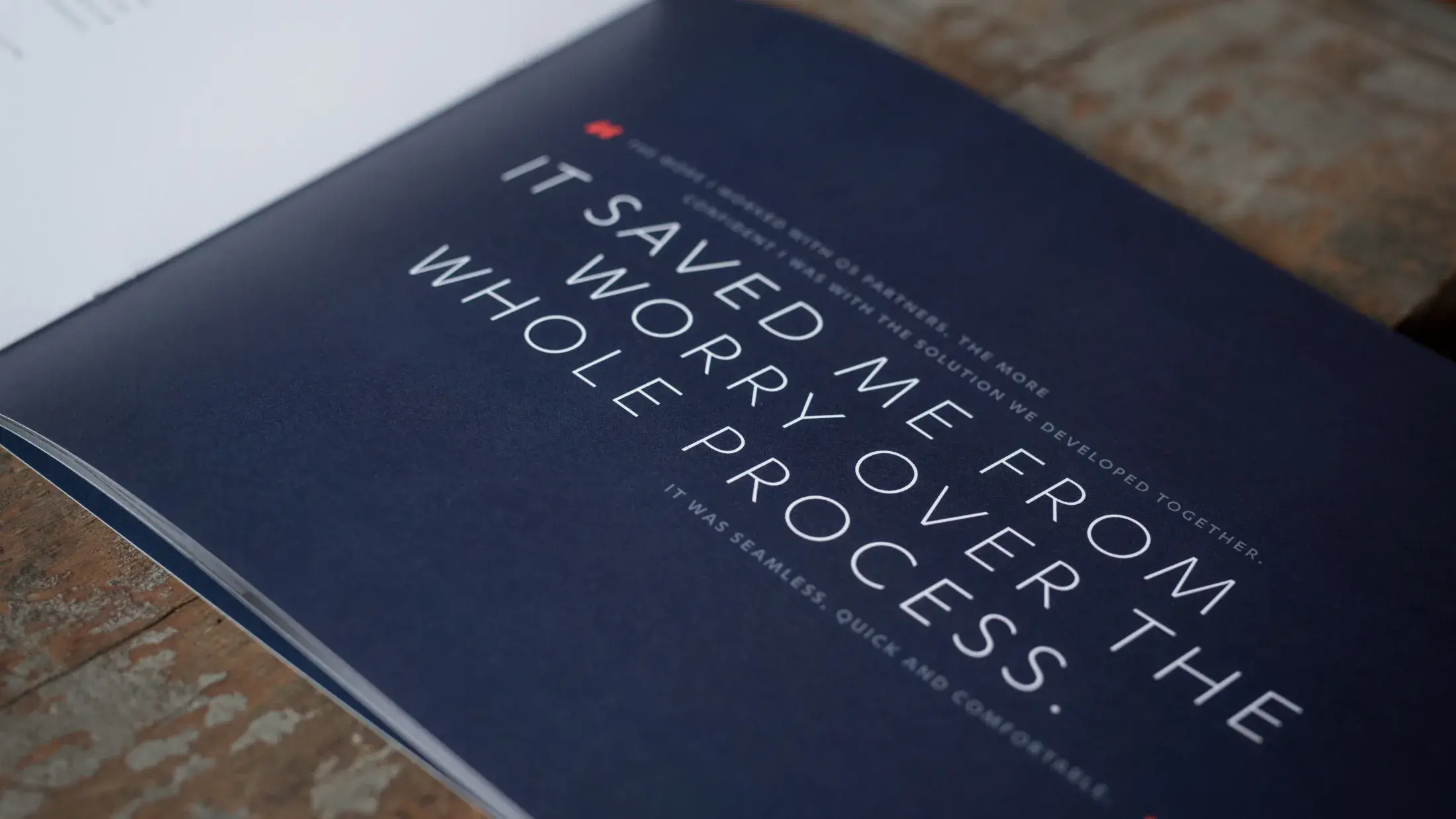 booklet page with big font reads, "It saved me from worry over the whole process"