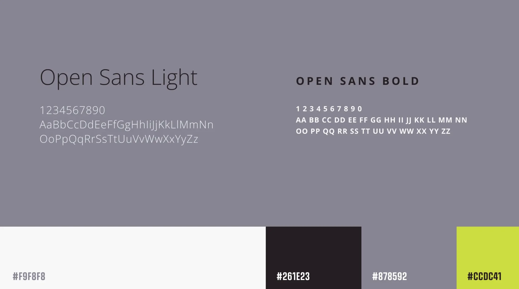 Design Central brand fonts, Open Sans light and bold, as well as their colors