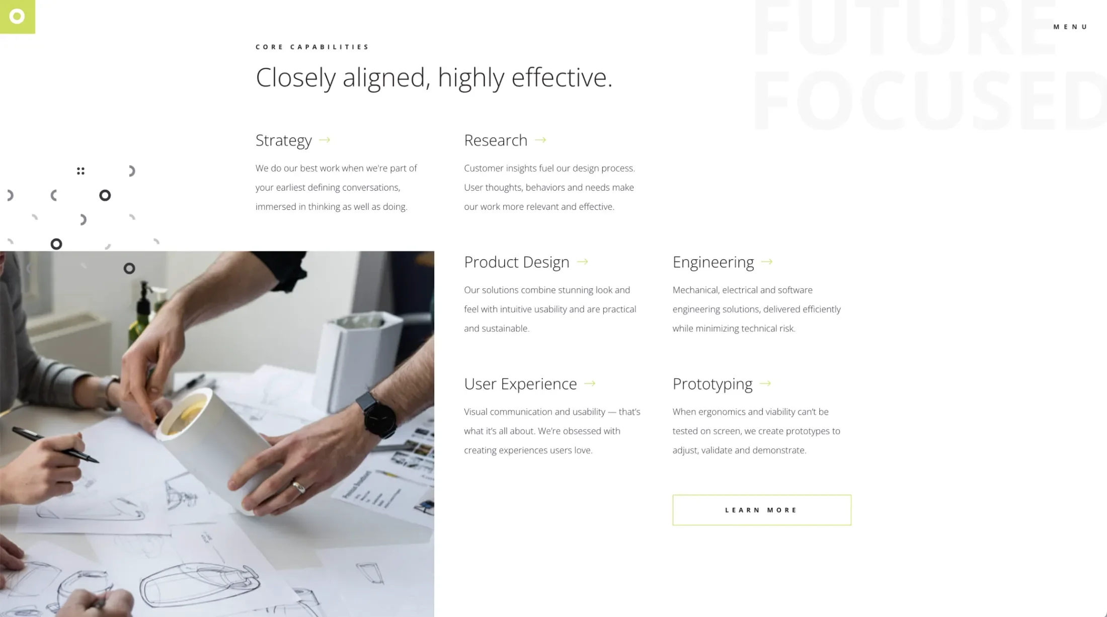 Design Central webpage for core capabilities titled "Closely aligned, highly effective" outlining strategy, research, product design, engineering, user experience and prototyping
