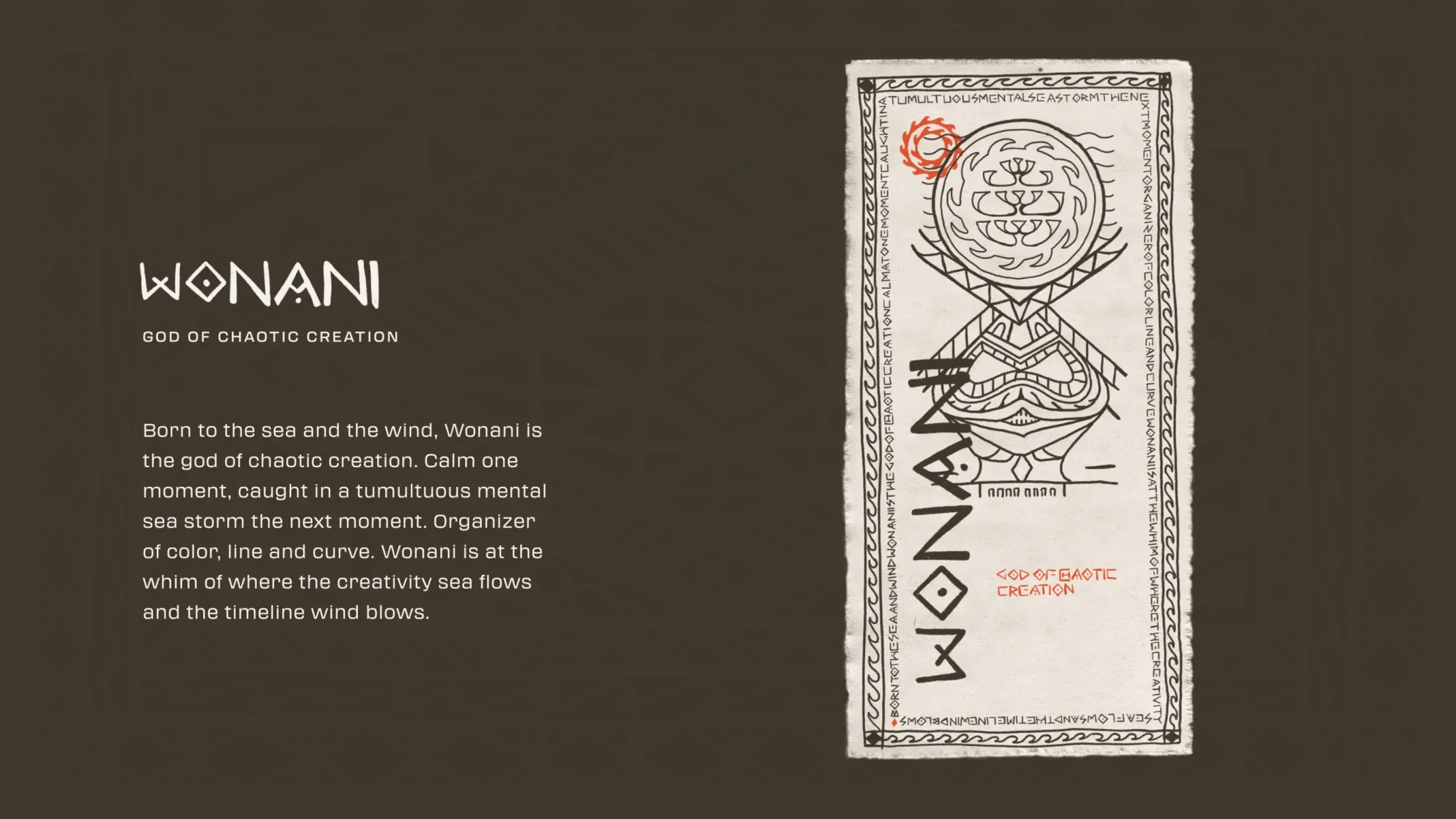 Illustration and description for the tiki Wonani, God of Chaotic Creation