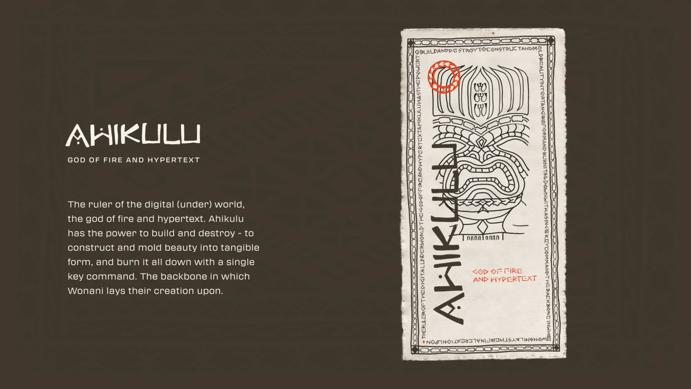 Illustration and description for the tiki Ahikulu, God of Fire and Hypertext