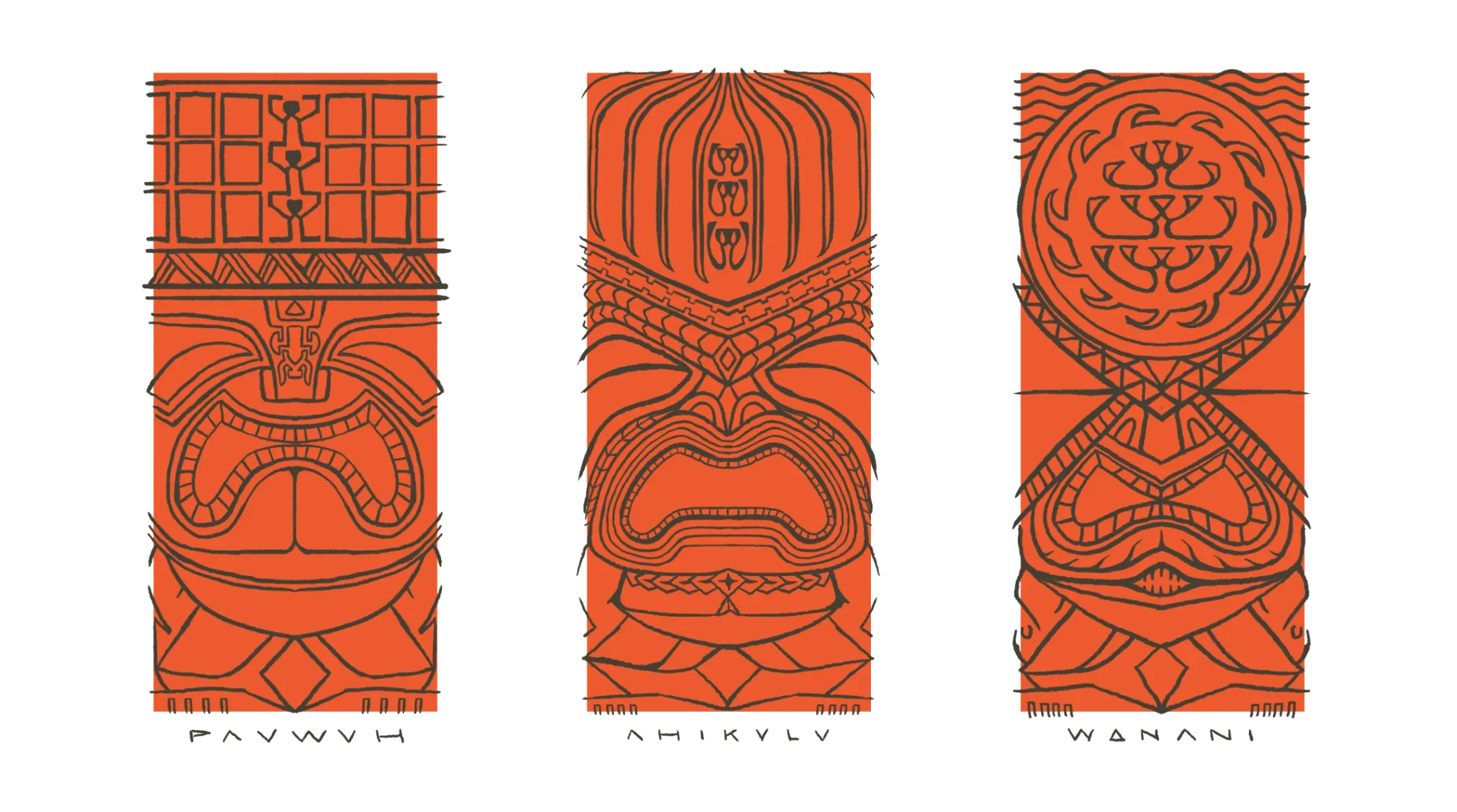 Designs of all three tiki heads