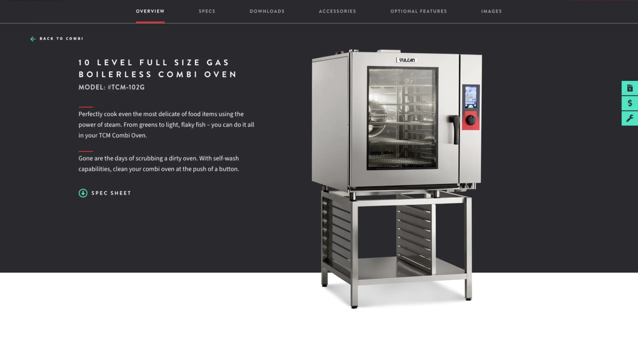 Product page for a 10 Level Full Size Gas Broilerless Combi Oven